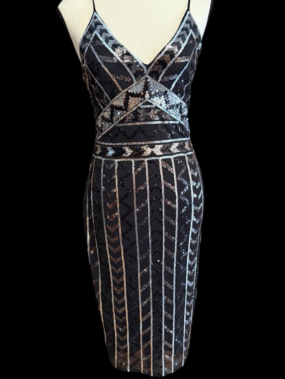 NEW Express V-neck Spaghetti Strap Sequin Bodycon Pencil Short Dress small Black